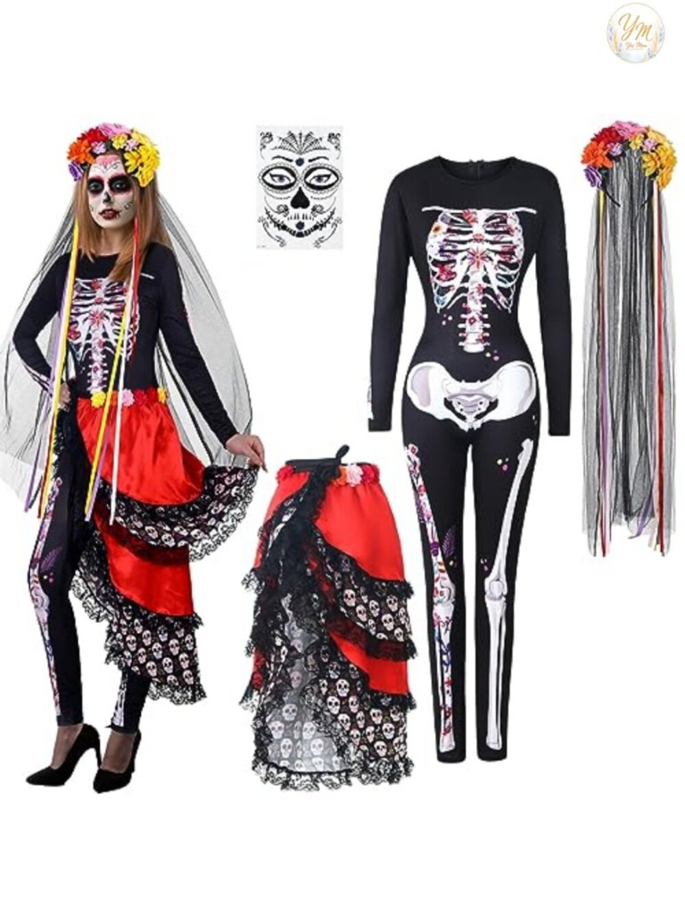 4 Pc Day of the Dead Costume Set Skeleton Bodysuit Bustle Headband Tattoos